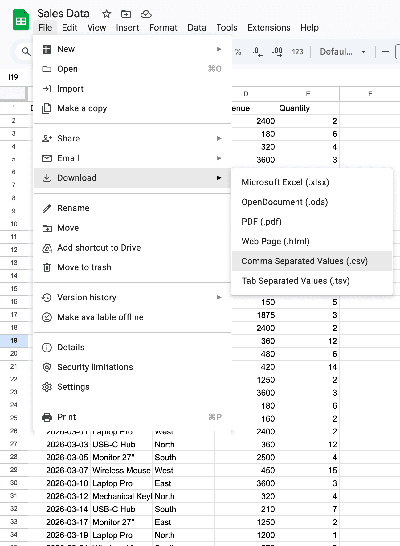 Google Sheets File menu open showing the Download submenu with Comma Separated Values CSV option highlighted for exporting sheet data to a dashboard